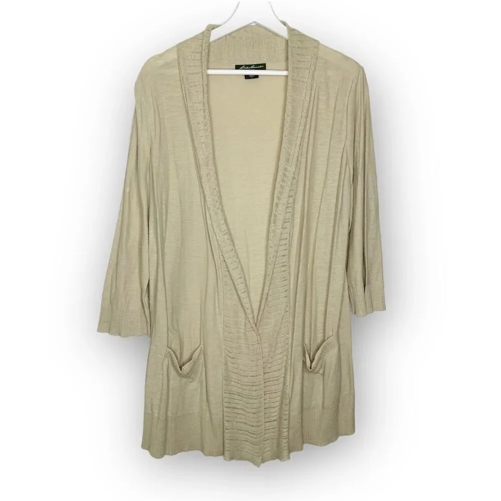 Eddie Bauer Open Front Tan Lightweight Cardigan Sweater Cotton Womens Size Large
